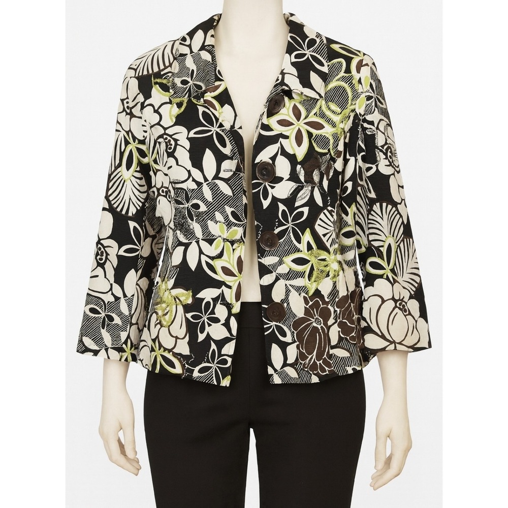 🌿 Silkland Woman 100% Silk Jacket Topper 1X 🌸 Brown Green Floral 3/4 Sleeve 🧥